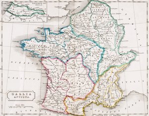 サミュエルバトラーによる「古代地理のアトラス」からのガリアアンティークフランスの地図、ロンドンで出版されたc.1829